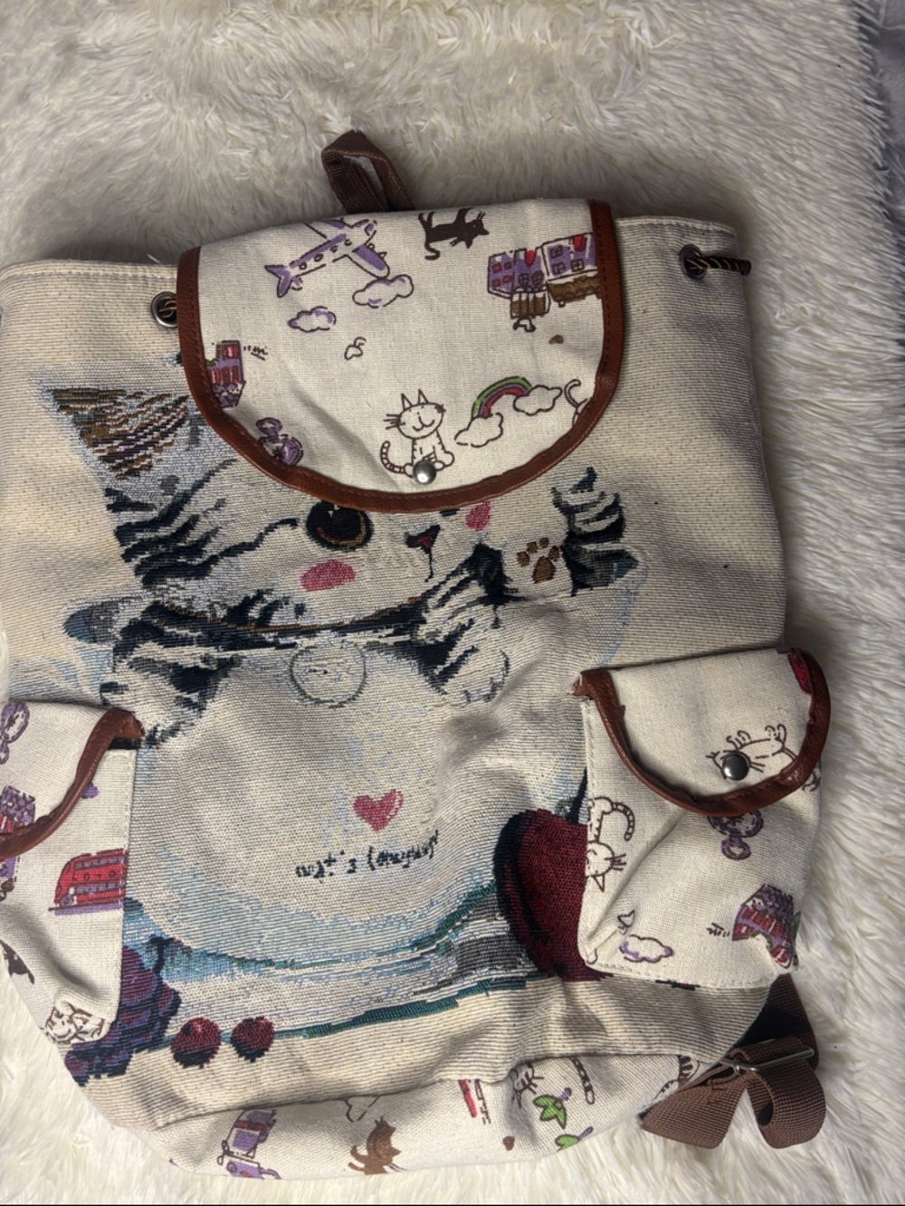 Whimsical Cat Print Canvas Backpack in Cream & Brown Trim